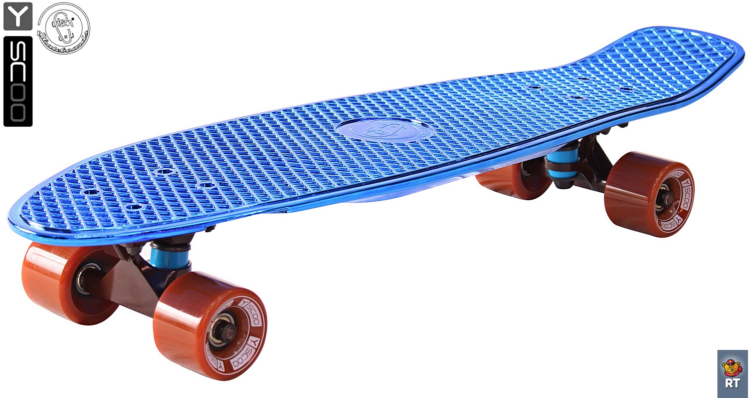 Скейтборд виниловый Y-Scoo Big Fishskateboard metallic 27" 402H-Bl с сумкой, синий с коричневым колёсами  